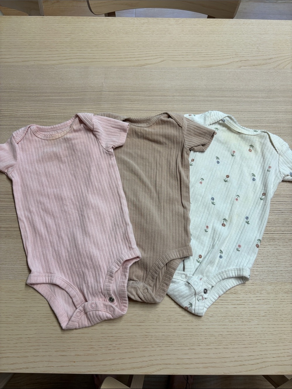 3-Pack Ribbed Baby One-Piece Bodysuits in Pink, Brown and Cream Floral